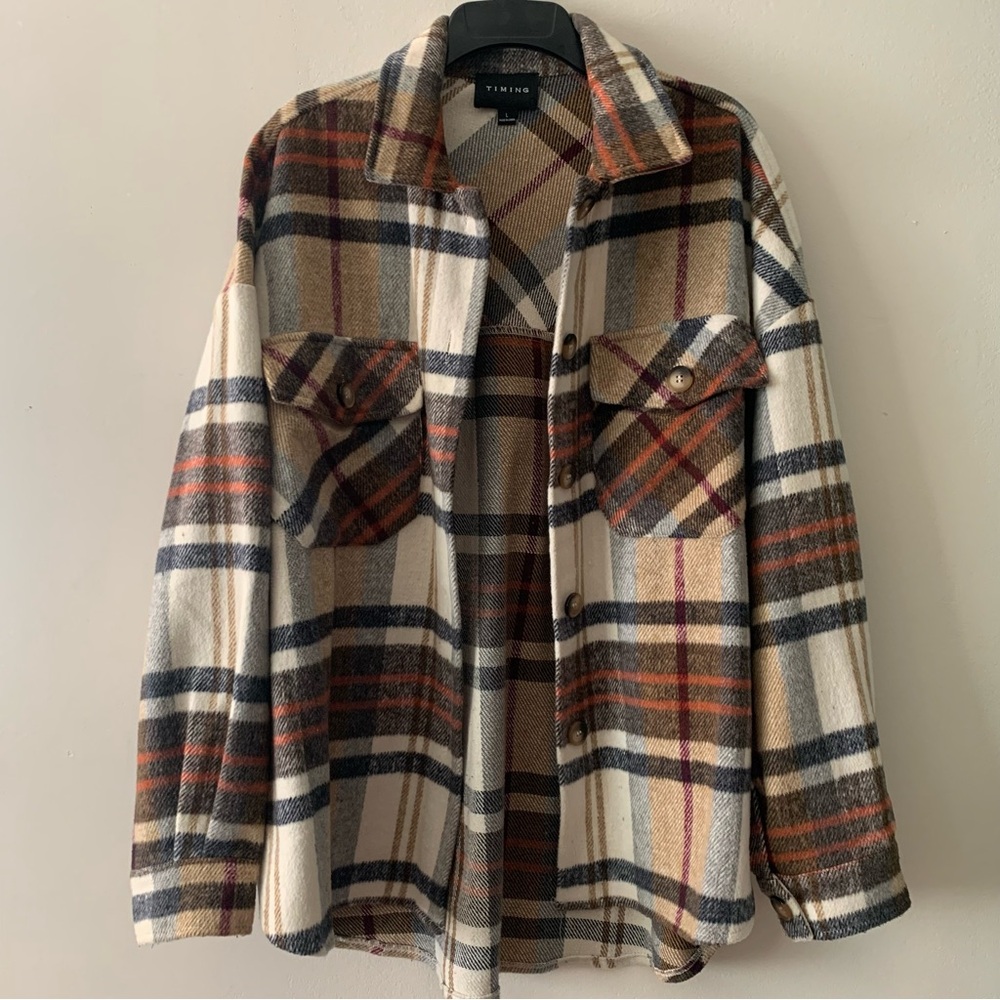 Timing Plaid Womens Flannel Shacket Jacket - L
